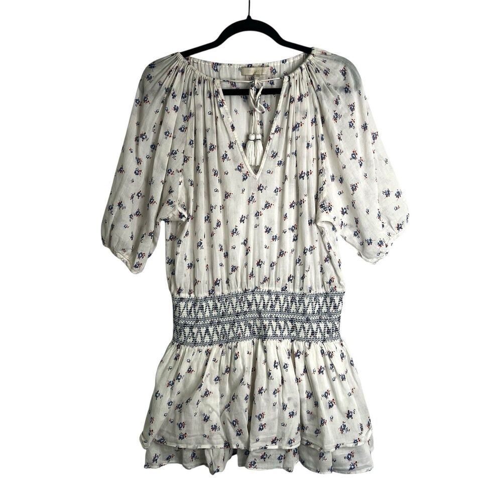 Vanessa Bruno Floral Smocked Mini Dress Sz M Cotton Tiered Cottage Girly